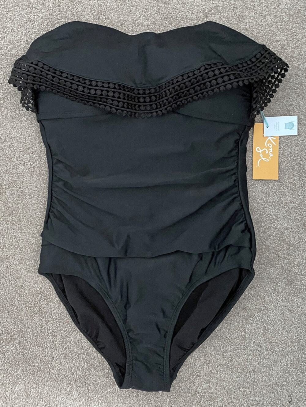 NWT Kona Sol One-piece Black Bathing Suit, Built In Bra, Flounce Detail, Small